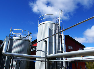 Image showing Industrial zone, Steel pipelines and cables in blue tones