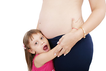 Image showing Little cute girl embracing her pregnant mother 