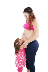 Image showing Nice Caucasian woman pregnant with her daughter on the backgroun