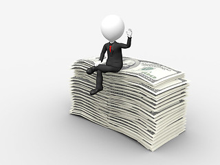 Image showing 3d businessman sitting on top of stack of dollar with hand raise