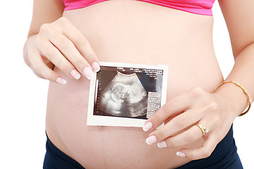 Image showing Pregnant woman's belly and ultrasound over white background. 