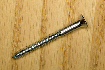 Image showing Macro image of steel screw on piece of wood