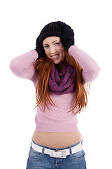 Image showing young beautiful woman with hat gloves and scarf in winter isolated