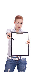 Image showing young woman with clipboard isolated on white