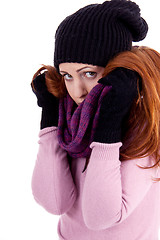 Image showing young beautiful woman with hat gloves and scarf in winter isolated