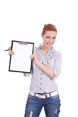 Image showing young woman with clipboard isolated on white