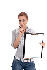 Image showing young woman with clipboard isolated on white