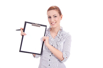 Image showing young woman with clipboard isolated on white