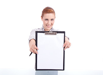 Image showing young woman with clipboard isolated on white