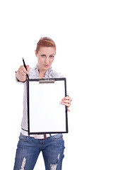 Image showing young woman with clipboard isolated on white