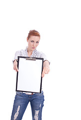 Image showing young woman with clipboard isolated on white