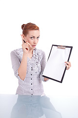 Image showing young woman with clipboard isolated on white