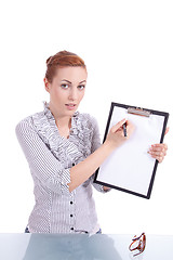 Image showing young woman with clipboard isolated on white