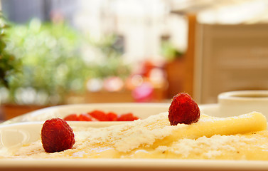 Image showing Tasty breakfast with pancake, raspberry, strawberry 