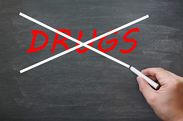 Image showing Say no to drugs - crossing out drugs on a smudged chalkboard 