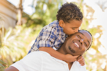 Image showing Mixed Race Father and Son Playing Piggyback in Park