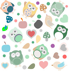 Image showing Bright background with owls, leafs, mushrooms and flowers