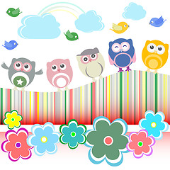 Image showing Vector set - owls, birds, flowers, cloud and rainbow
