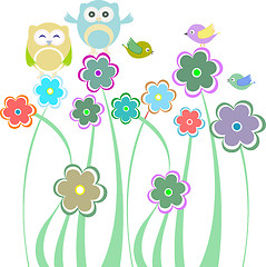 Image showing Cute kids background with flowers birds owls