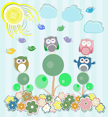 Image showing Background with flowers and owls sitting on the tree