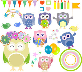 Image showing Set of vector birthday party elements with cute owls