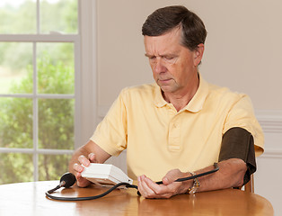 Image showing Senior man taking blood pressure at home