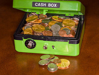 Image showing Green cash box with gold and silver coins