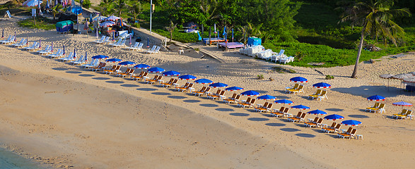 Image showing Beach near tropical sea with umbrellas