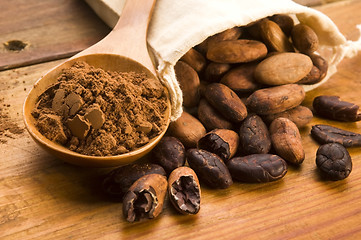 Image showing Cocoa (cacao) beans on natural wooden table