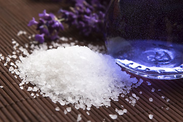 Image showing Lavender flowers and the bath salt and essential oil