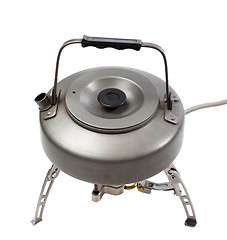 Image showing Camping gas stove and teapot