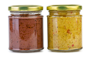 Image showing Glass jar with paste maded from green and  red olives (Calamata)