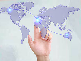 Image showing Hands with world mail delivery on world map background 