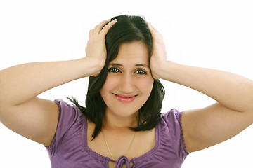 Image showing Headache - Young woman holding head in pain over white backgroun