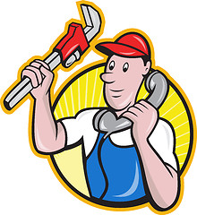 Image showing Plumber Worker With Adjustable Wrench Phone