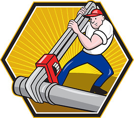 Image showing Plumber Worker With Adjustable Wrench Cartoon