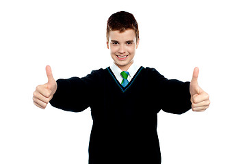 Image showing Cute kid showing double thumbs up to camera