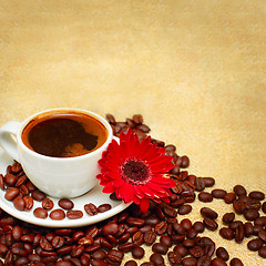 Image showing Coffee background with cup, beans and red flower