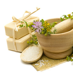 Image showing Natural cosmetics - soap, bath salt and medicine herbs