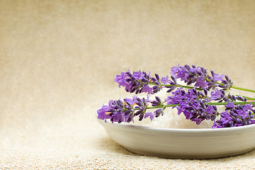 Image showing Background - Spa bath salt and lavender flowers