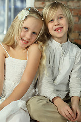 Image showing Children - smiling sibling, sister and brother