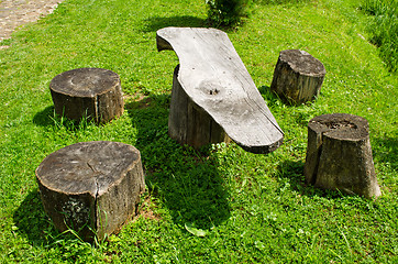 Image showing Table and chairs of wood trunk stumps. Rest place 