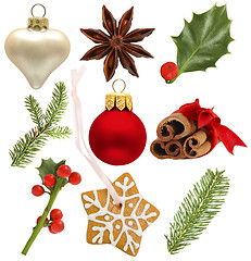 Image showing Set of Christmas design elements - holly, red ball, green spruce