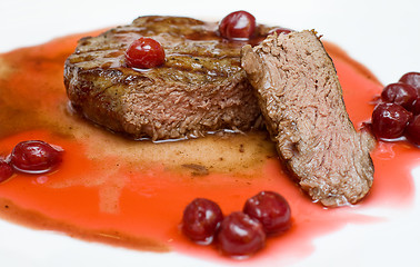 Image showing Gourmet food - steak in cherry sauce