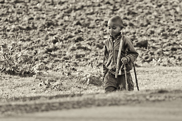 Image showing A young shepherd comes back from the fields