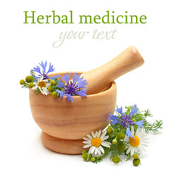 Image showing Herbal medicine and treatment - camomile, cornflowers, mortar on