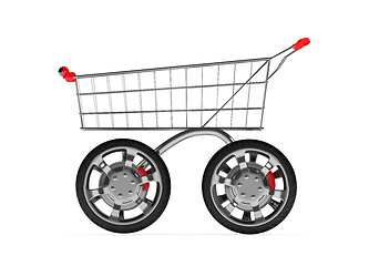 Image showing 3d shopping cart with big car wheel isolated on white