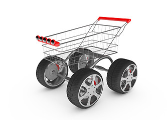 Image showing 3d shopping cart with big car wheel isolated on white