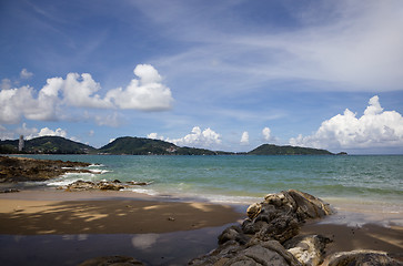 Image showing Sea views from the shady beach
