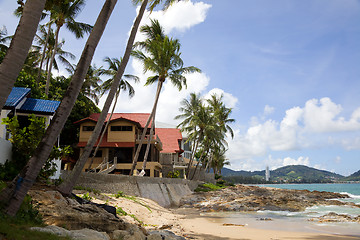 Image showing Modern hotels among the palms on the beach